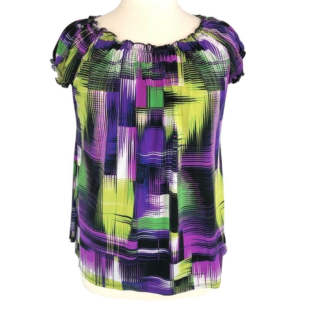 Slinky Blouse Ruched Smocked Boat Neck Short Sleeves Size XL Geo Tiffany & Grey